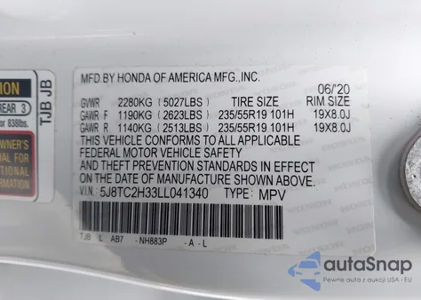 2020 Acura Rdx Standard z USA, uszkodzony, nr VIN 5J8TC2H33LL041340